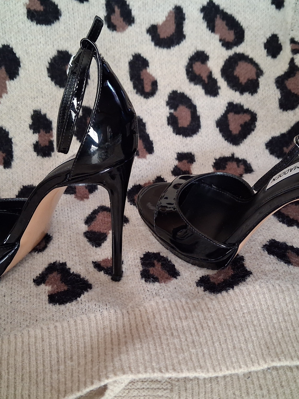 Steve Madden Black Patent Open-Toe Stiletto with Ankle Strap